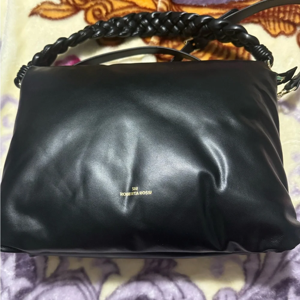 Roberta Rossi Black Leather Shoulder Bag with Braided Handle NWOT